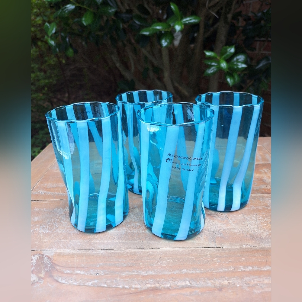 Murano Glass Cups Tumblers Drinking Glasses TEAL Gift Set 4 Made in Italy